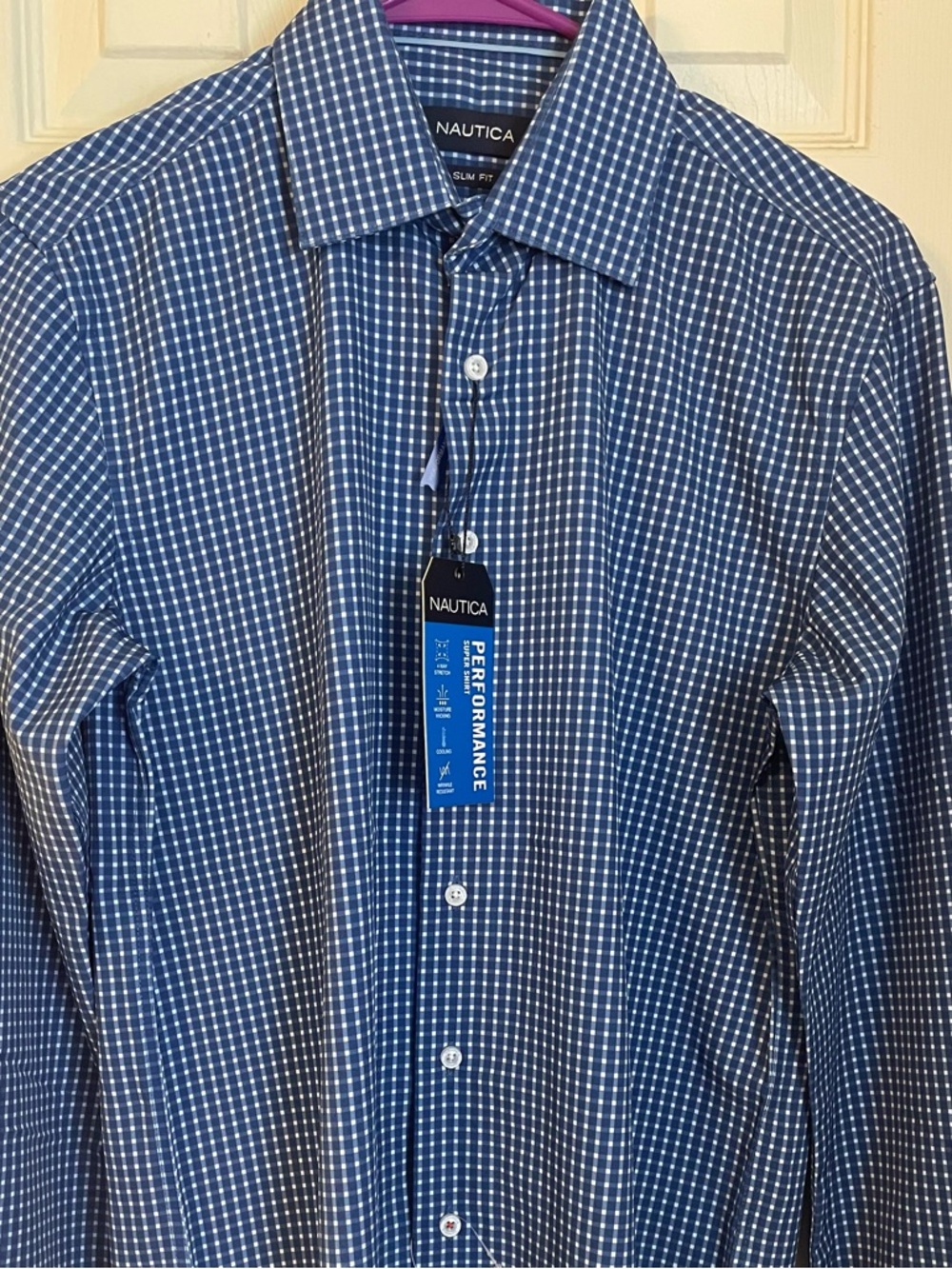 Nautica Performance Slim Fit Super Shirt S Blue & White Checkered